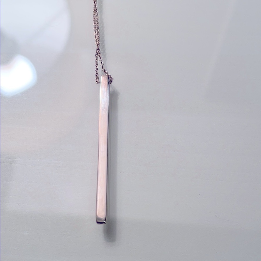 Silver necklace with skinny vertical bar.
